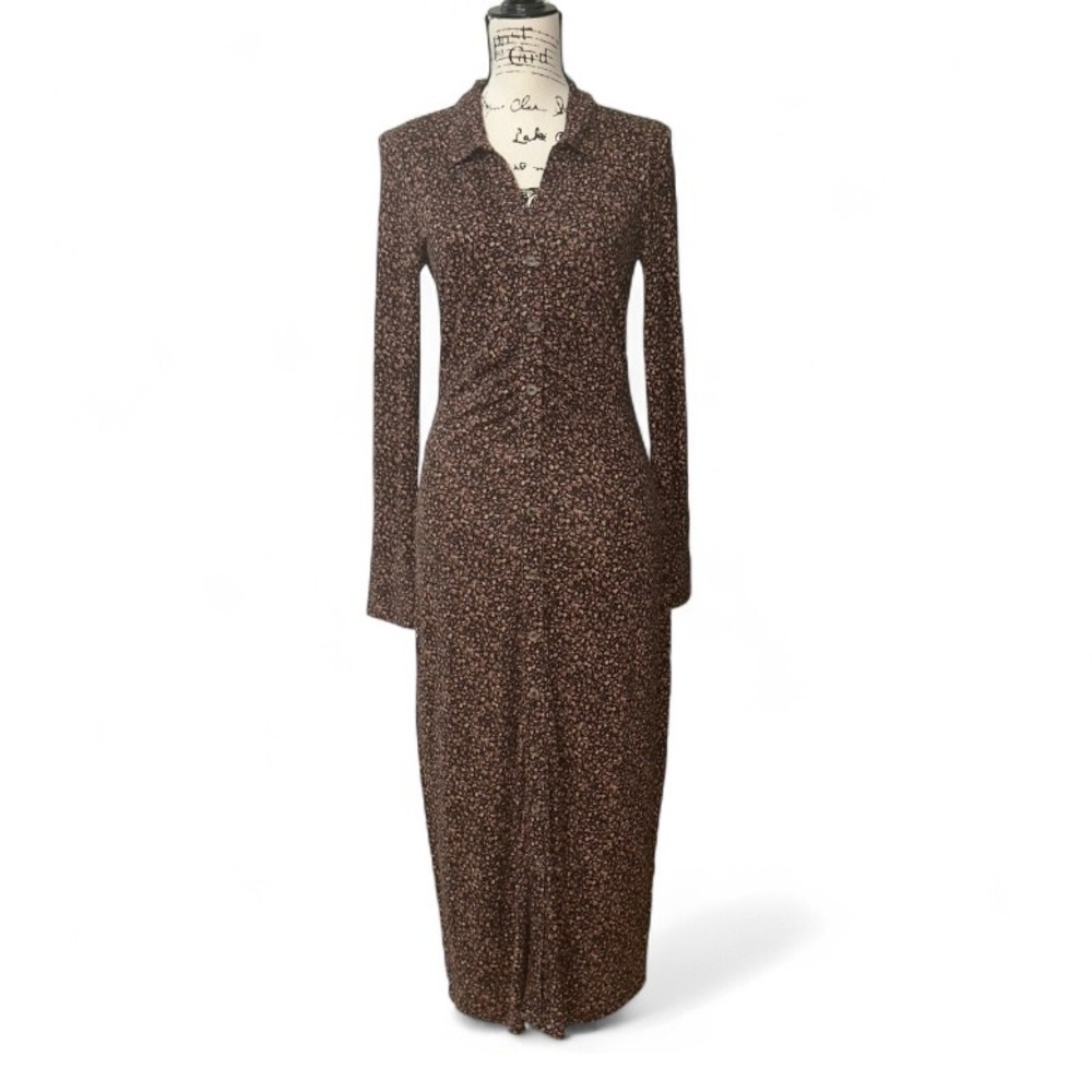 Gentlys Fawn Brown Floral Print Button Front Long Sleeve Midi Dress‎ M